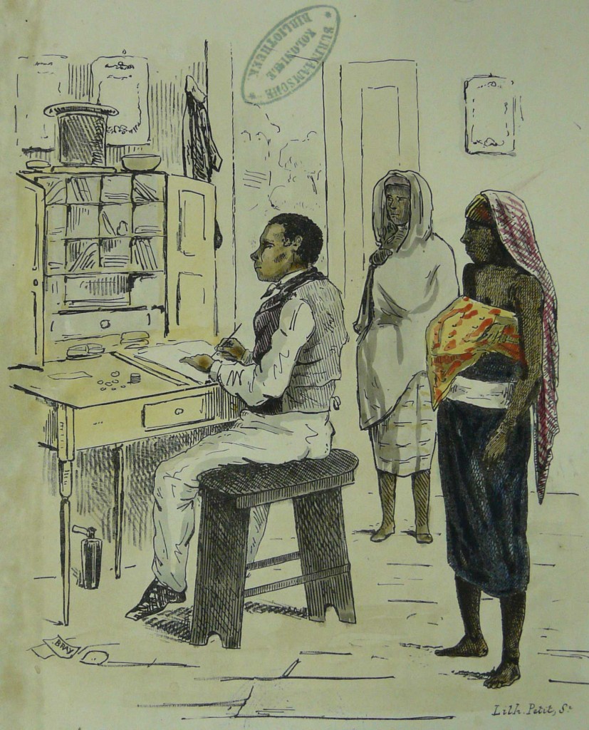 Een toepasselijk plaatje van weliswaar zo’n 35 jaar later:  “Administrateur’s Klerk weekloon uitbetalende aan kraam of zwangere vrouwen.” (T. Bray 1850.)